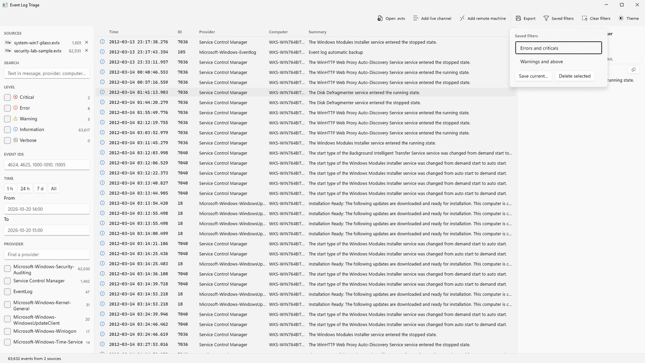 Light theme with the Saved filters menu open, listing two saved filter names.